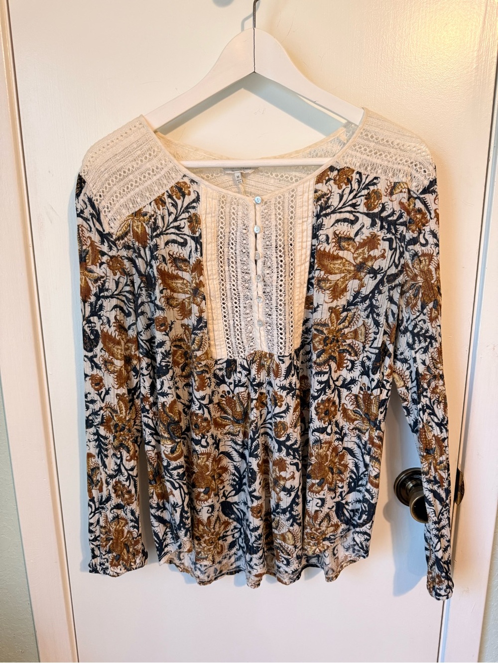 Lucky Brand Cream, Brown & Black Floral Lace Yoke Long Sleeve Top